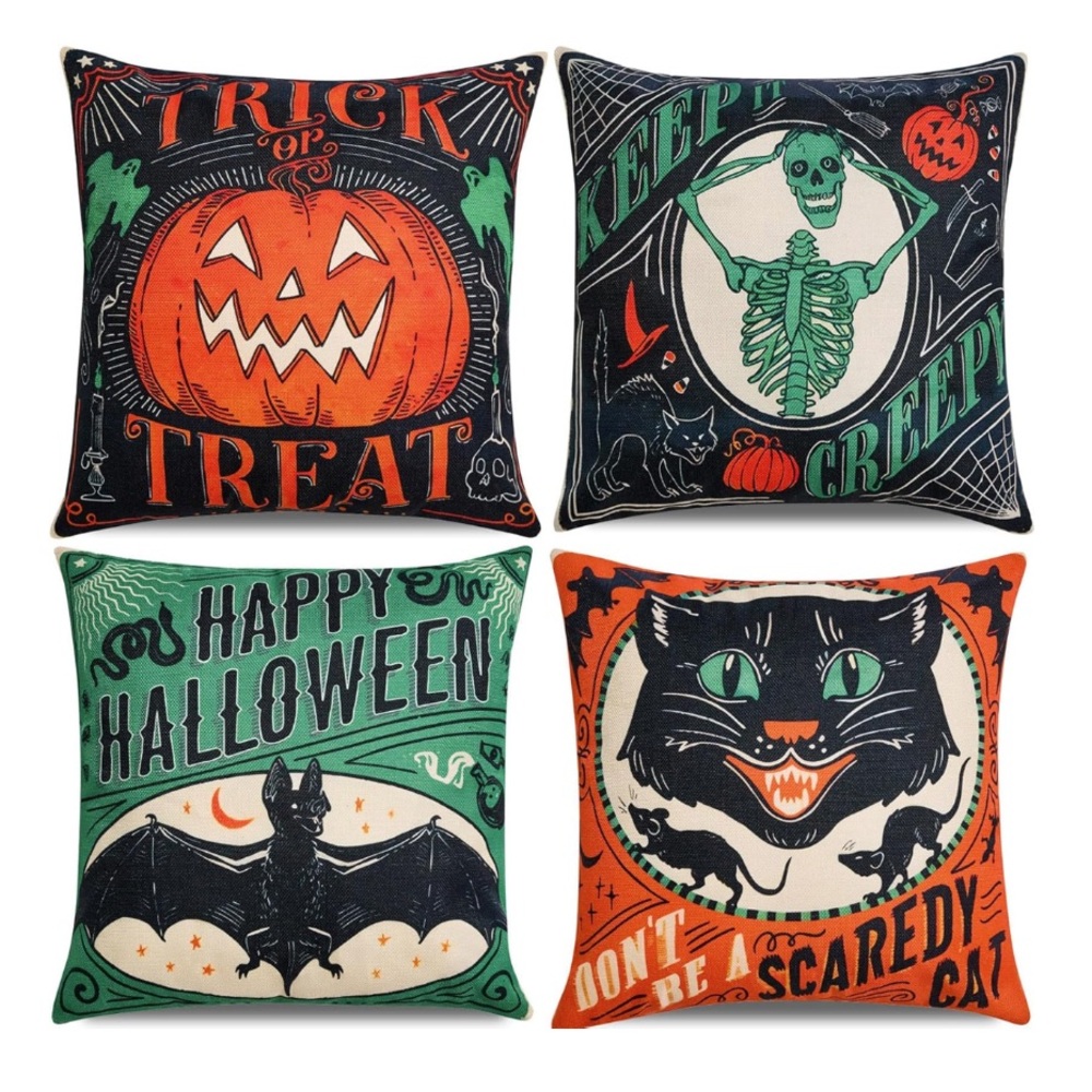 🎃 NEW Set of 4 Pillow Covers Vintage Halloween Skeleton Pumpkin Bat Cat 18 x 18”